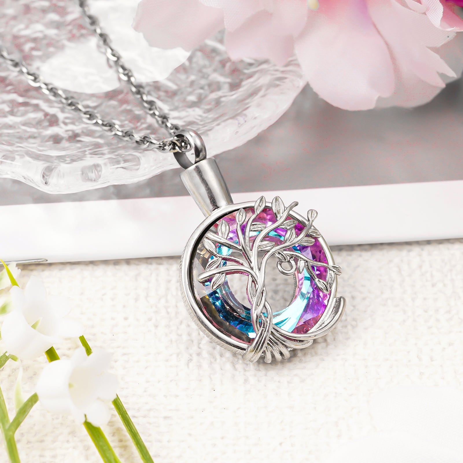 colorful stone cremation pendant, life tree ashes necklace