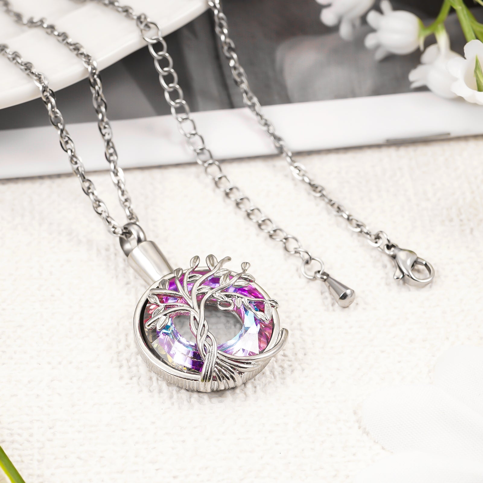 colorful stone cremation pendant, life tree ashes necklace