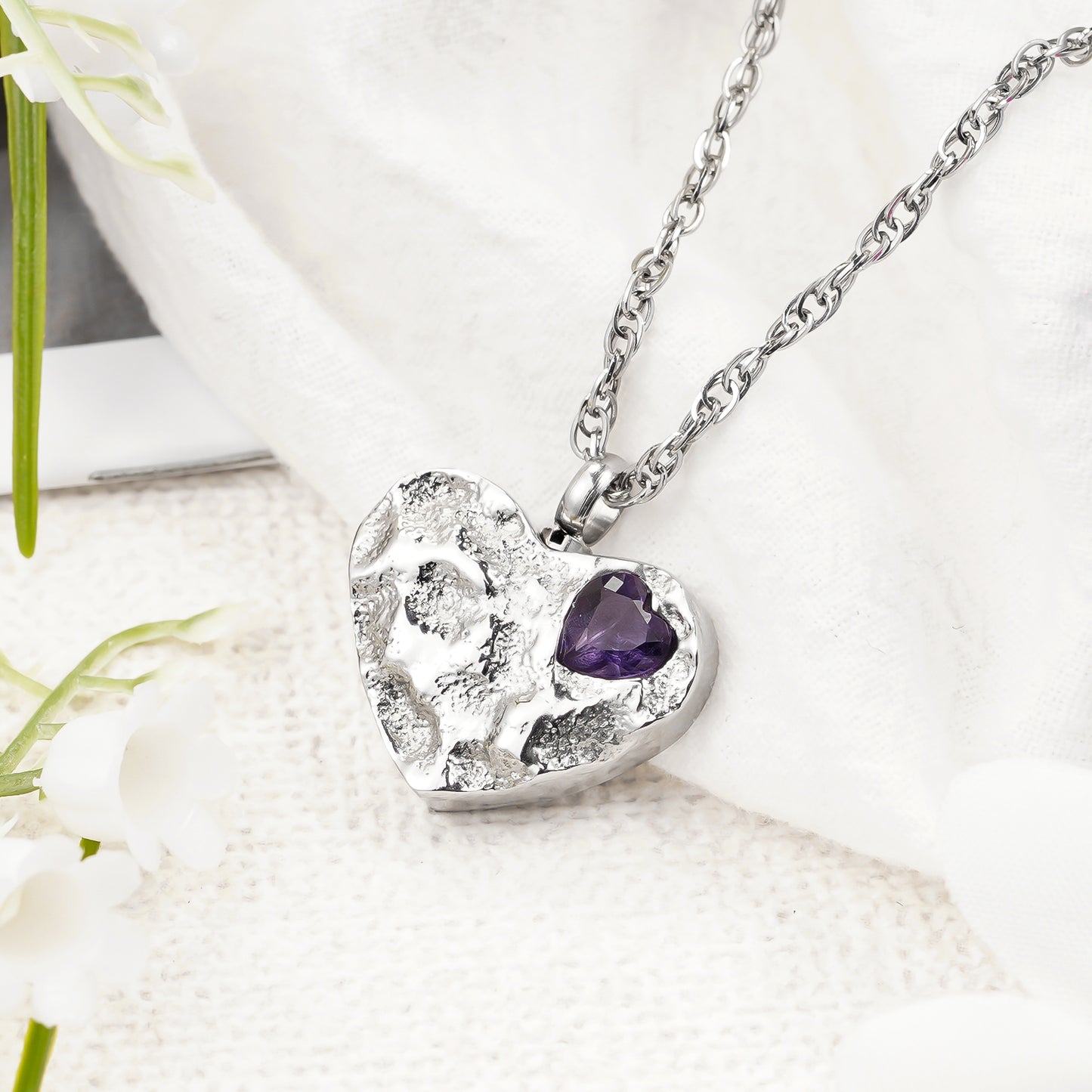 Purple Gem-Adorned Heart Memorial Necklace