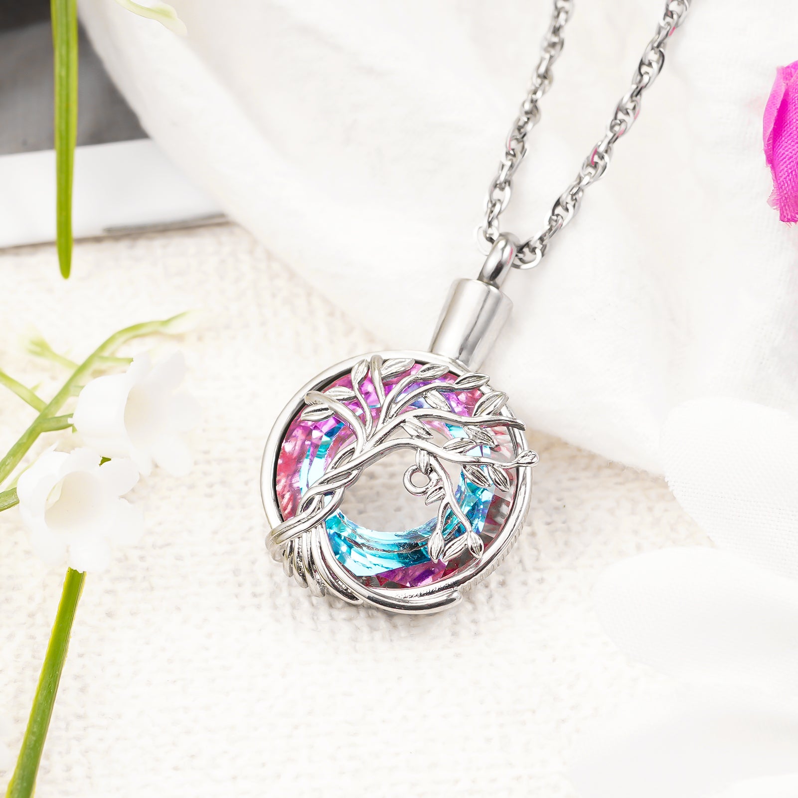 colorful stone cremation pendant, life tree ashes necklace