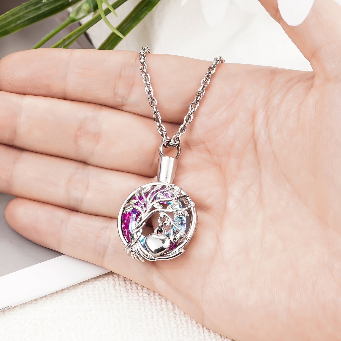 colorful stone cremation pendant, life tree ashes necklace