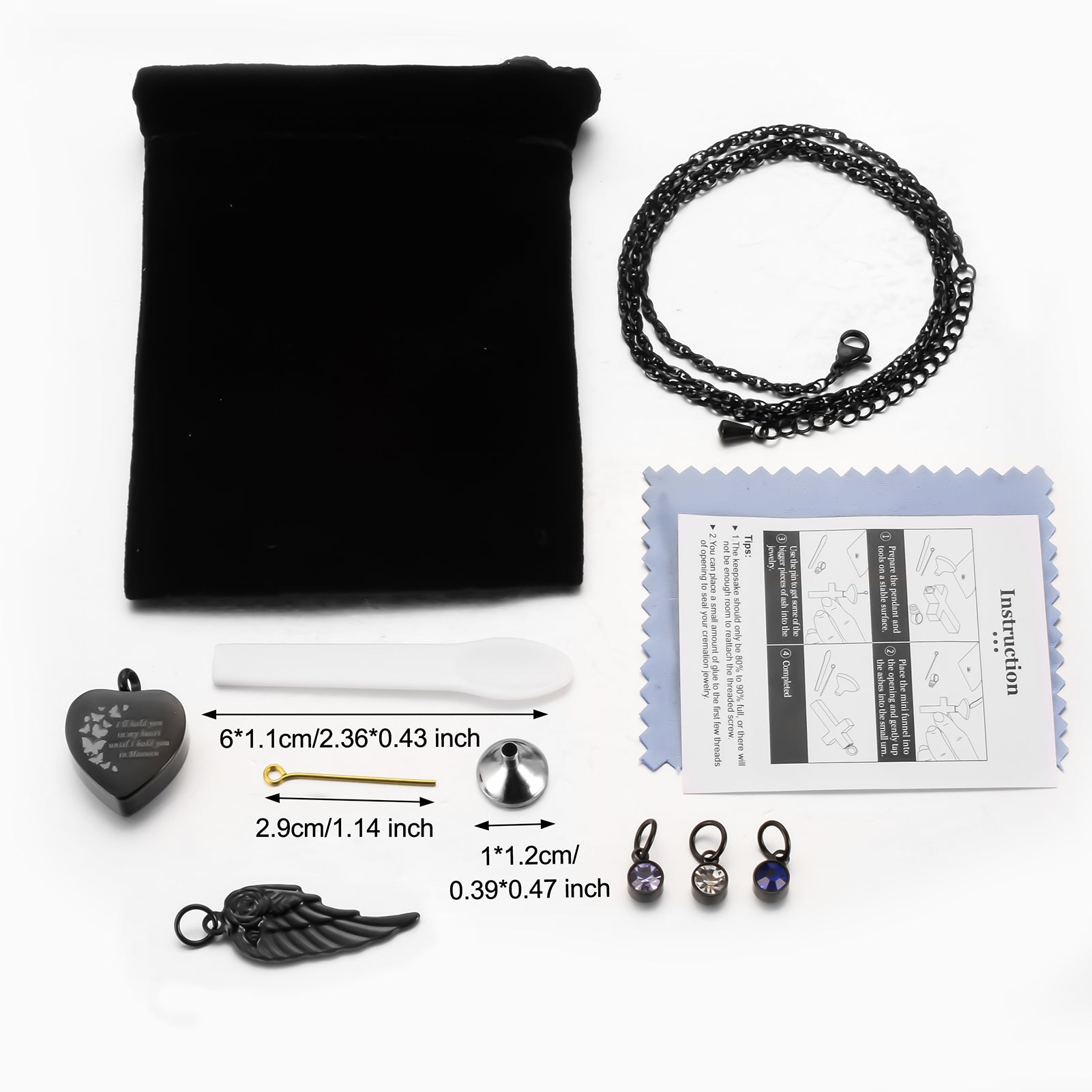 Dark Heart Memorial Necklace with Angel Wing and Crystal