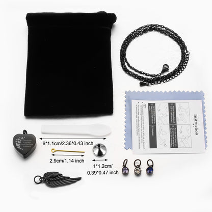 Dark Heart Memorial Necklace with Angel Wing and Crystal