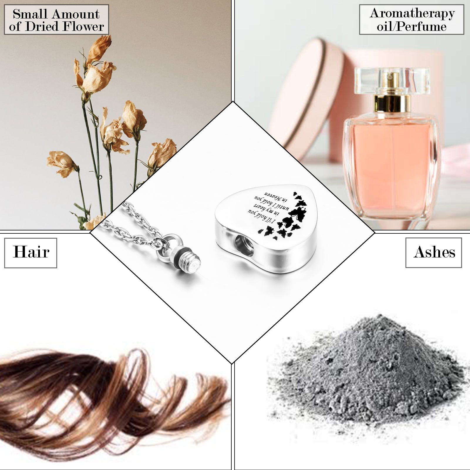 Heart Shaped Memorial Urn Necklace with Angel Wing & Butterfly