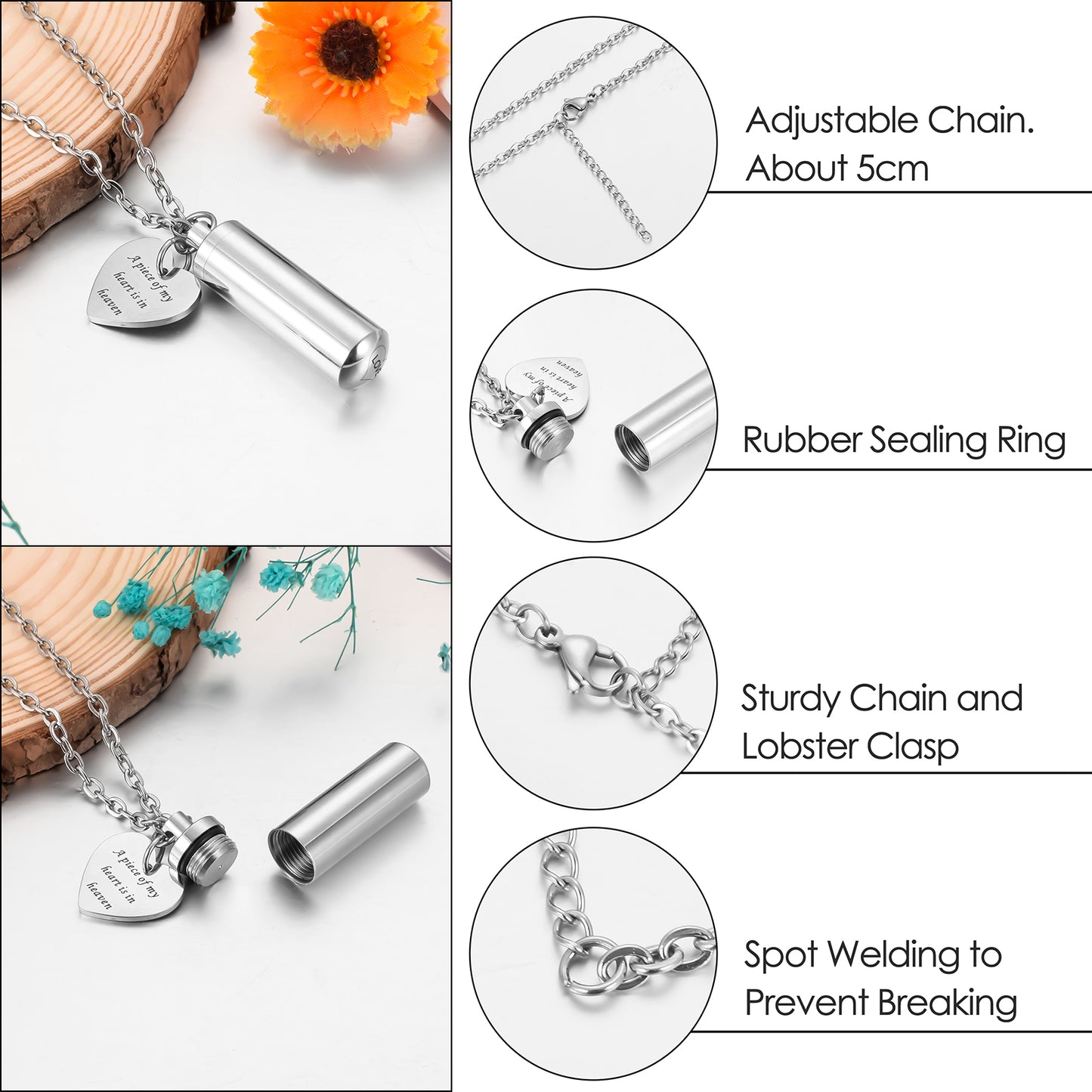 Cylindrical Memorial Keepsake Necklace: Heart Charm & Urn for Loved Ones