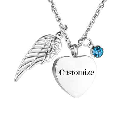 Heart Shaped Memorial Urn Necklace with Angel Wing & Butterfly