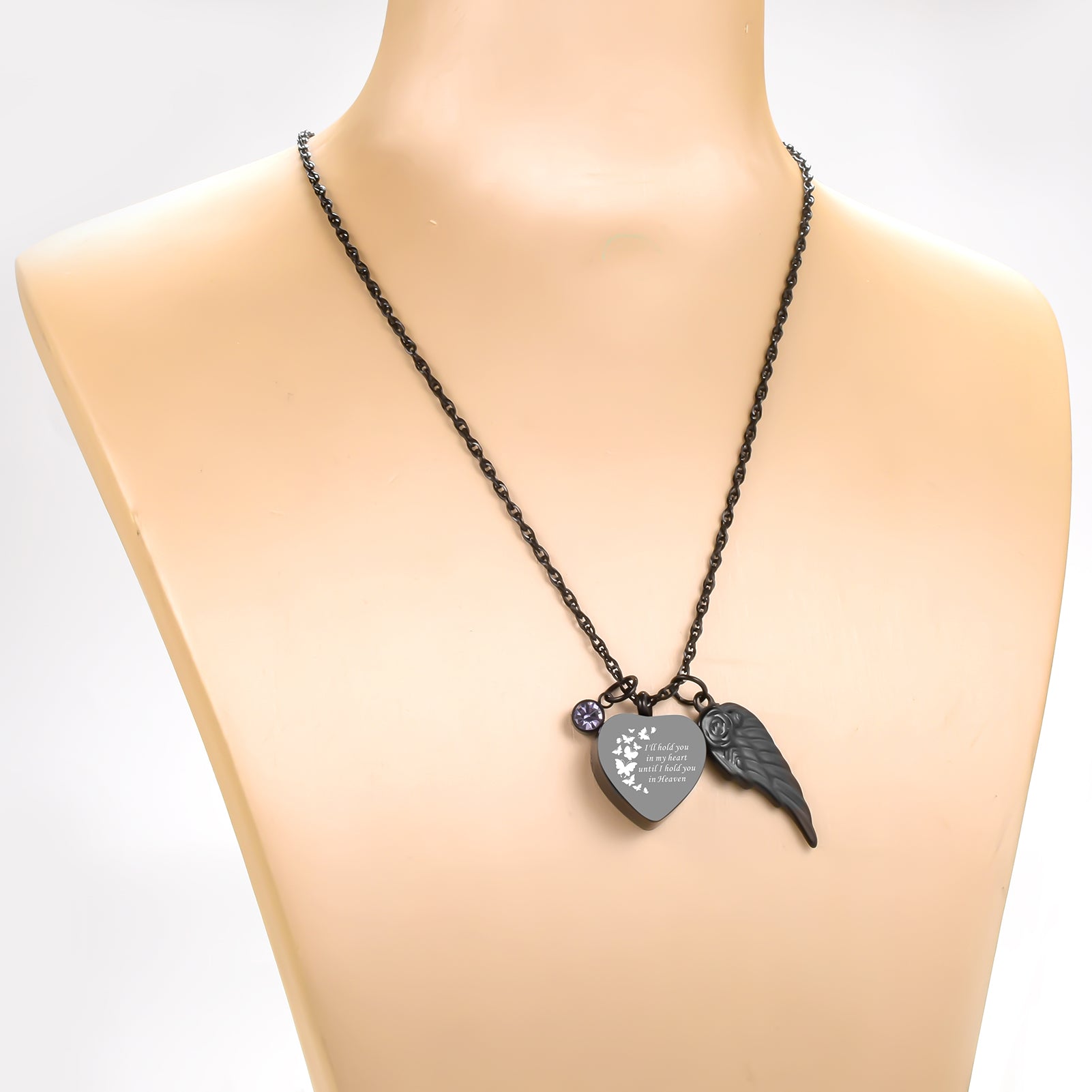 Dark Heart Memorial Necklace with Angel Wing and Crystal