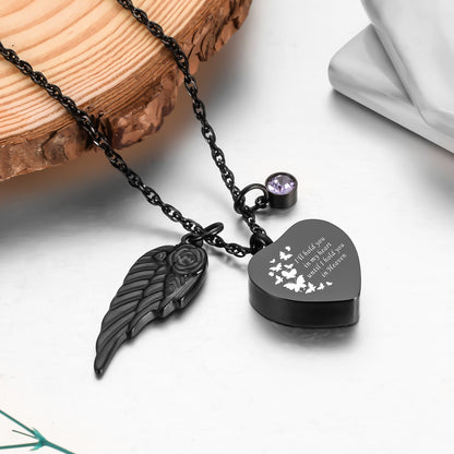 Memorial Urn Necklace: Dark Romantic Tribute with Heart, Angel Wing and Crystal