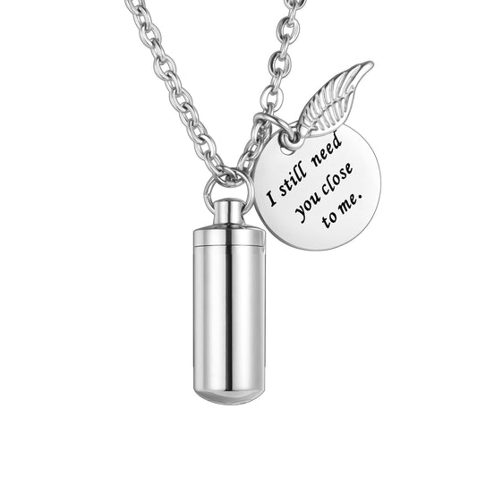 Memorial Jewelry with Engraved Tags & Winged Vials