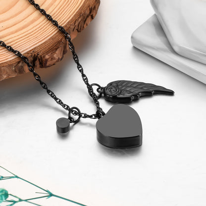 Memorial Urn Necklace: Dark Romantic Tribute with Heart, Angel Wing and Crystal