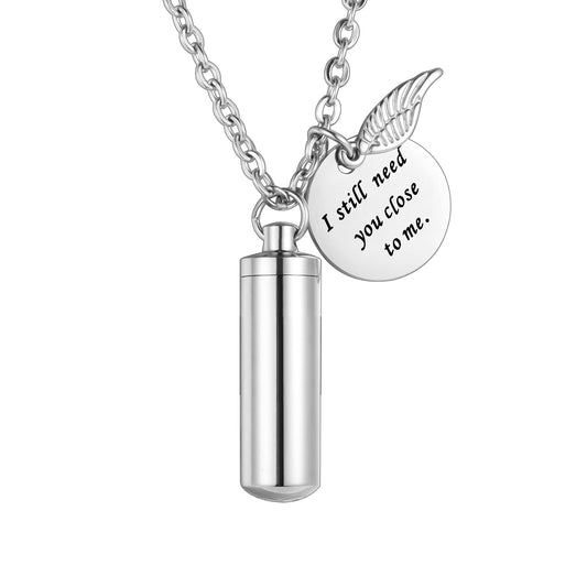 Memorial Jewelry with Engraved Tags & Winged Vials