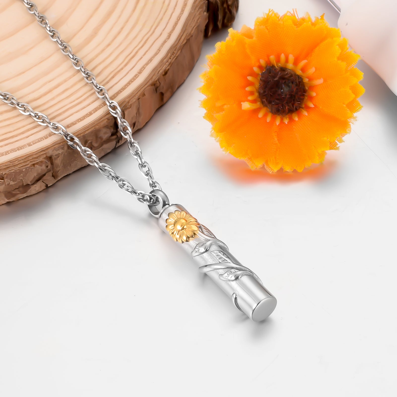 Cylindrical Sunflower Cremation Pendant
