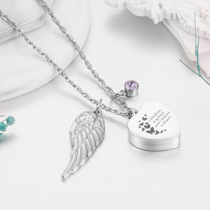 Heart Shaped Memorial Urn Necklace with Angel Wing & Butterfly
