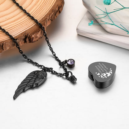 Memorial Urn Necklace: Dark Romantic Tribute with Heart, Angel Wing and Crystal