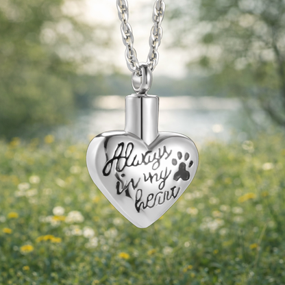 "Always in my heart" Heart Cremation Necklace with Paw