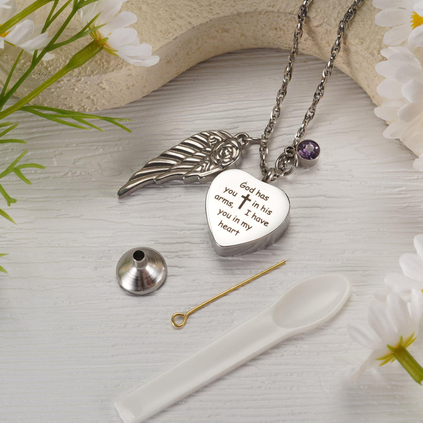 Elegant Remembrance Necklace: Wing, Crystal & Engraved Heart Design