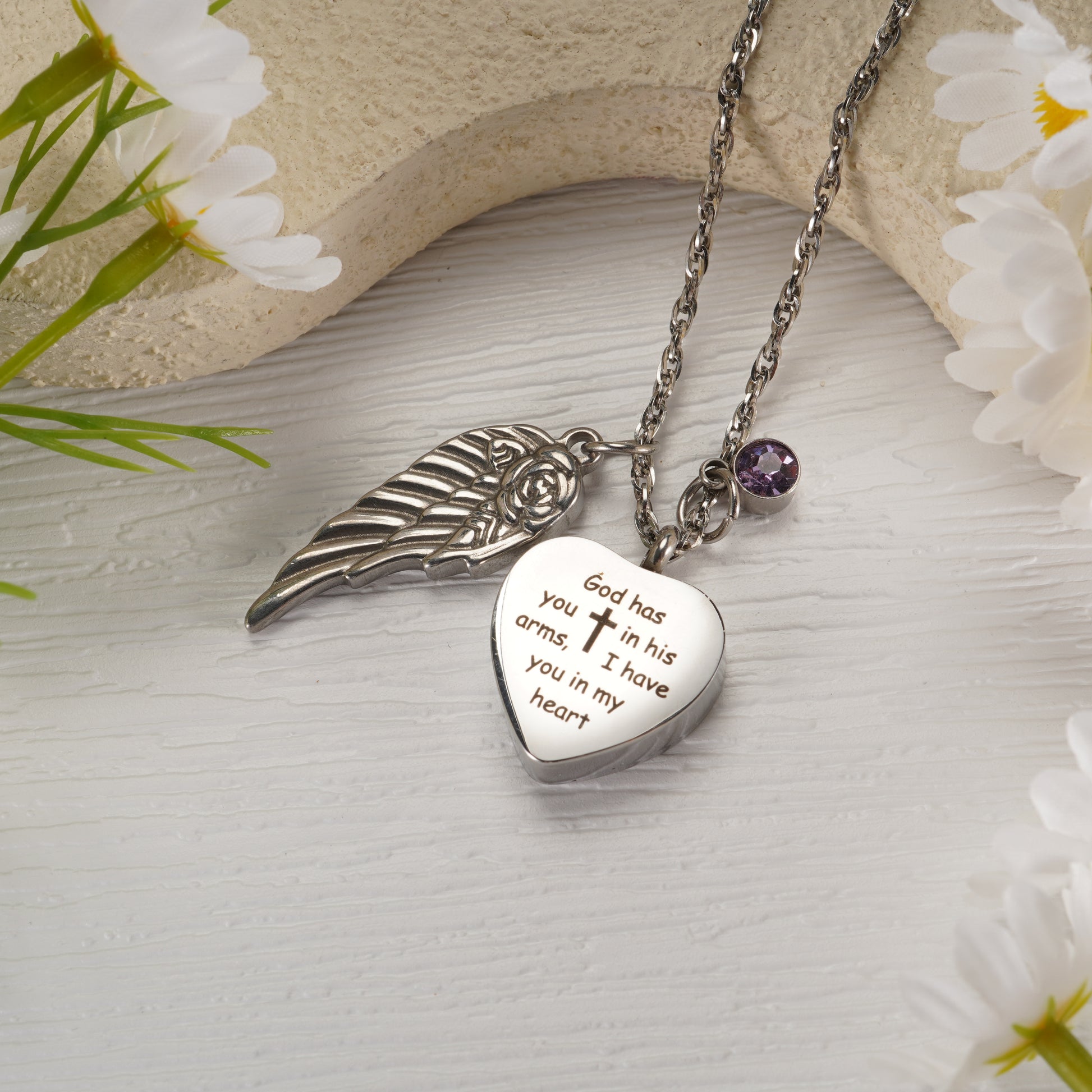 Elegant Remembrance Necklace: Wing, Crystal & Engraved Heart Design