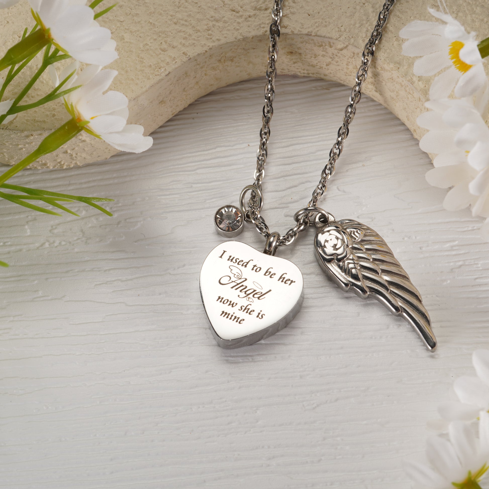 Memorial Necklace with Wings and Birthstone ‘I used to be her Angel…’ Engraving