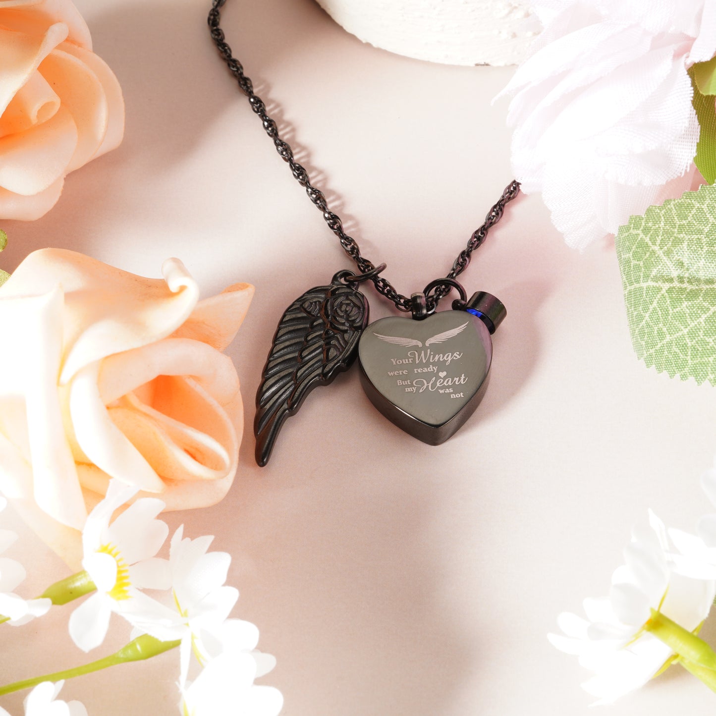 Black Heart Memorial Urn Pendant with ‘Your Wings’ Message & Angel Wing Accent