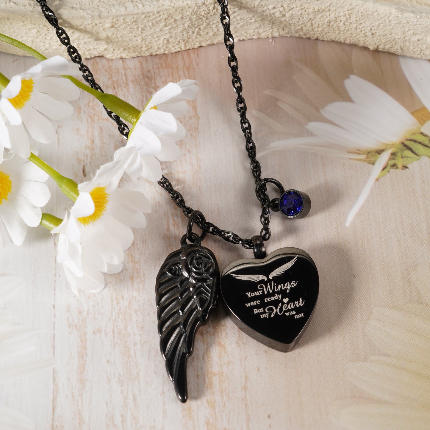 Black Heart Memorial Urn Pendant with ‘Your Wings’ Message & Angel Wing Accent