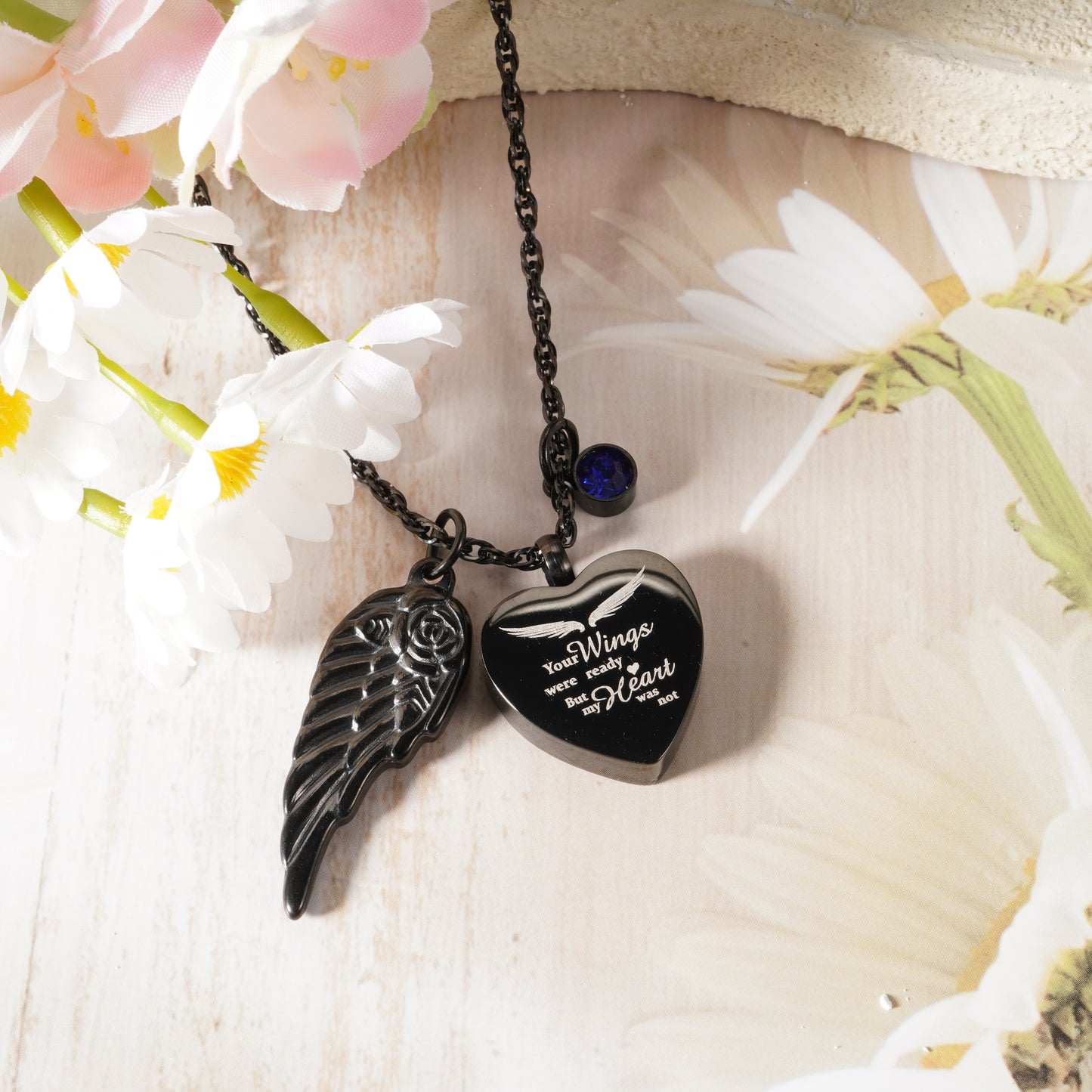 Black Heart Memorial Urn Pendant with ‘Your Wings’ Message & Angel Wing Accent