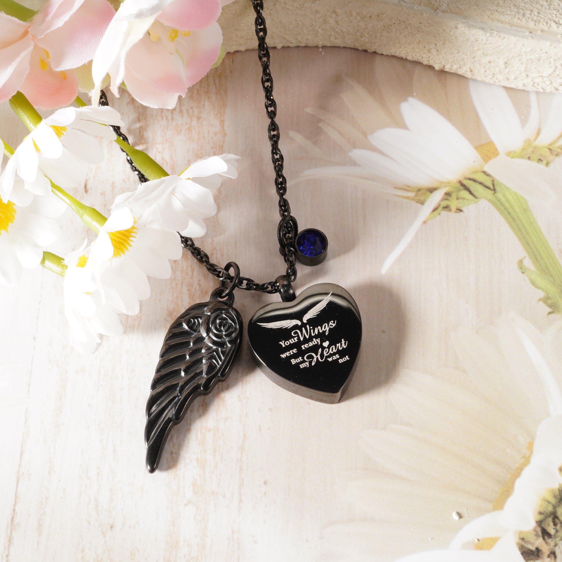 Black Heart Memorial Urn Pendant with ‘Your Wings’ Message & Angel Wing Accent