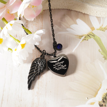 Black Heart Memorial Urn Pendant with ‘Your Wings’ Message & Angel Wing Accent