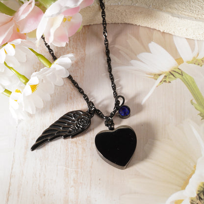 Black Heart Memorial Urn Pendant with ‘Your Wings’ Message & Angel Wing Accent