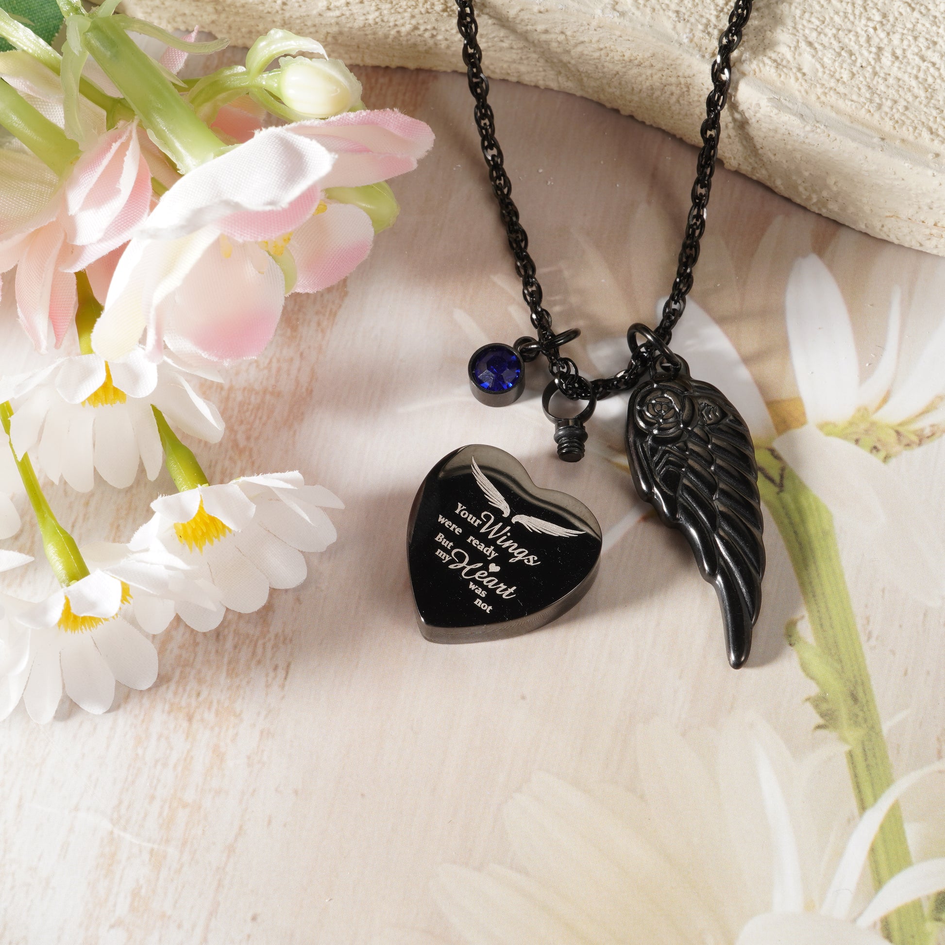 Black Heart Memorial Urn Pendant with ‘Your Wings’ Message & Angel Wing Accent
