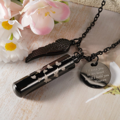 Black Cylindrical Memorial Urn Pendant with Angel Wing and Butterflies