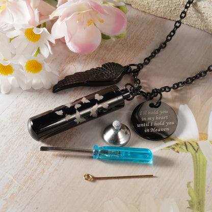 Black Cylindrical Memorial Urn Pendant with Angel Wing and Butterflies