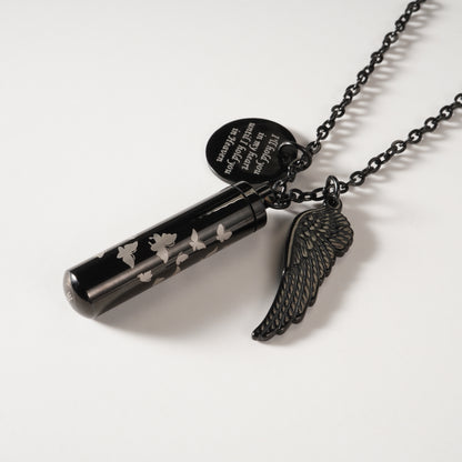 Black Cylindrical Memorial Urn Pendant with Angel Wing and Butterflies