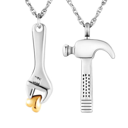 Stainless steel silver color wrench + hammer-filled pendant necklace