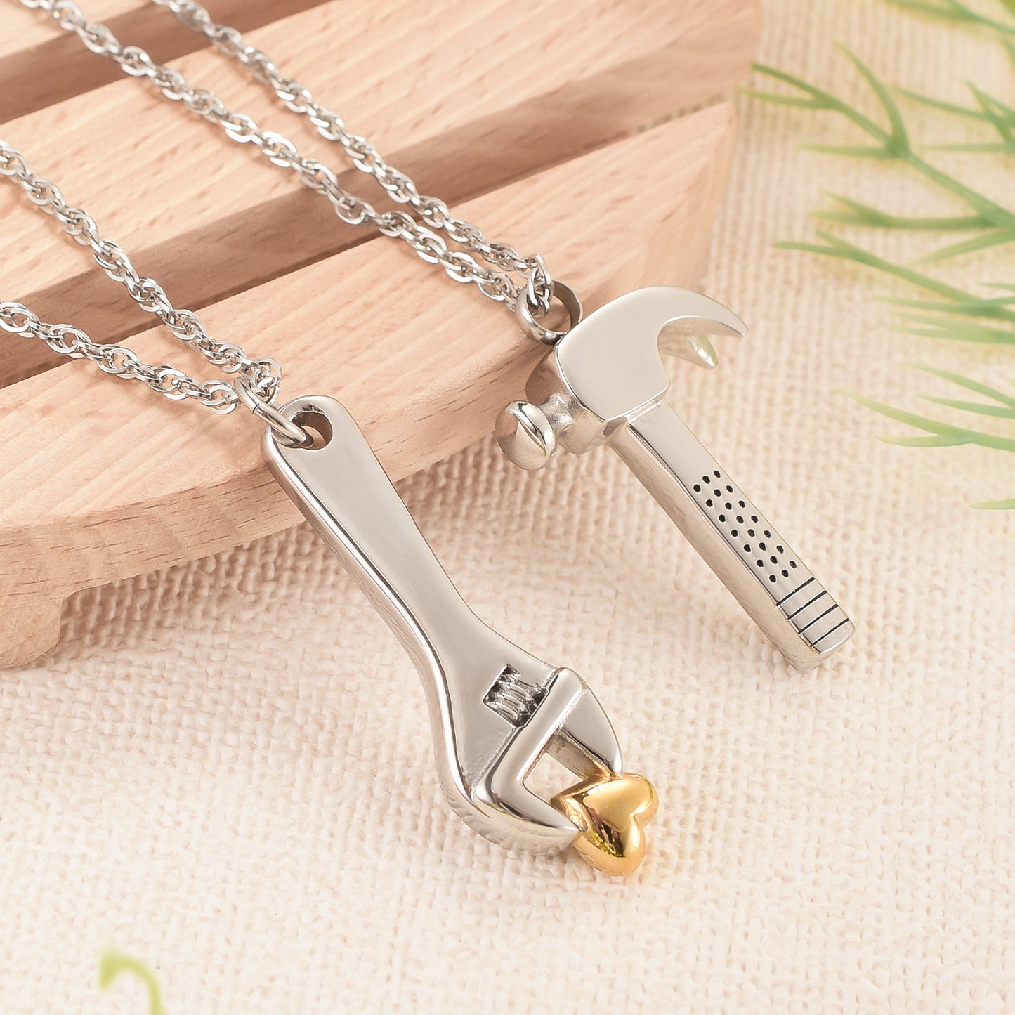 Stainless steel silver color wrench + hammer-filled pendant necklace