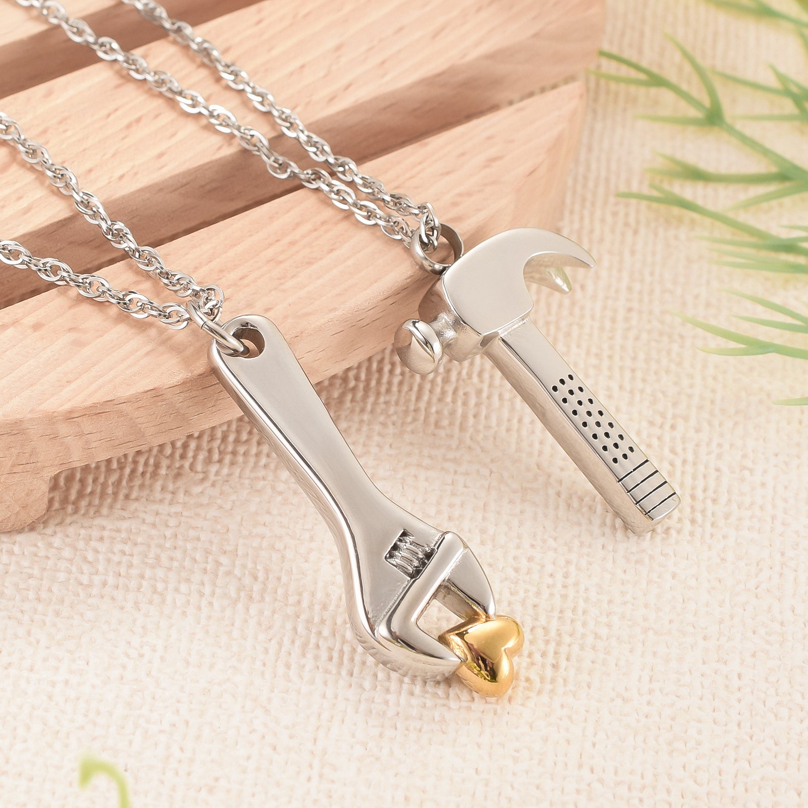 Stainless steel silver color wrench + hammer-filled pendant necklace