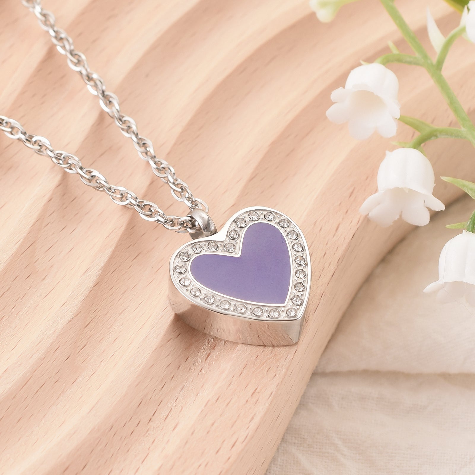 Purple Enamel Rhinestone Heart Memorial Necklace
