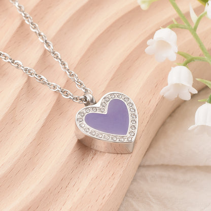 Purple Enamel Rhinestone Heart Memorial Necklace