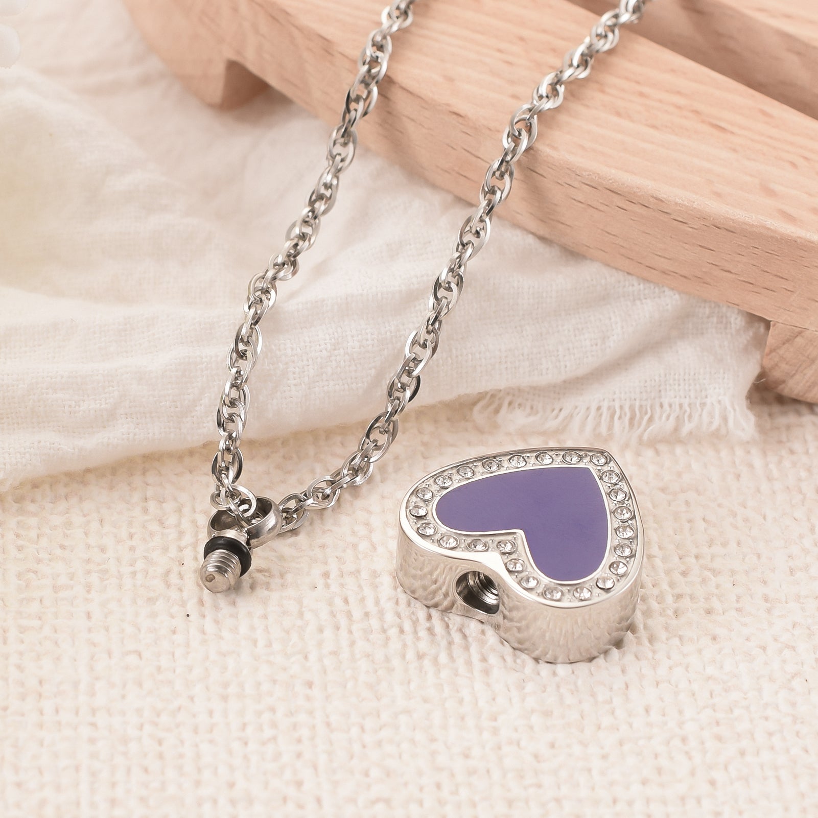 Purple Enamel Rhinestone Heart Memorial Necklace