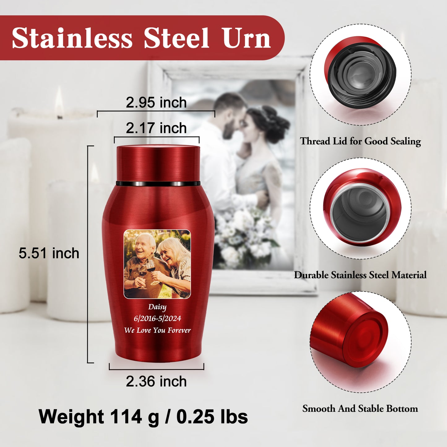 Stainless Steel Photo Personalized Urn for Human Ashes