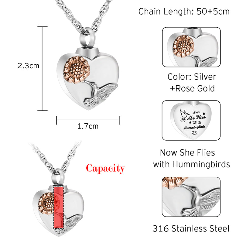 Heart Cremation Pendant of Hummingbird