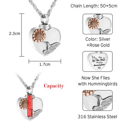 Heart Cremation Pendant of Hummingbird