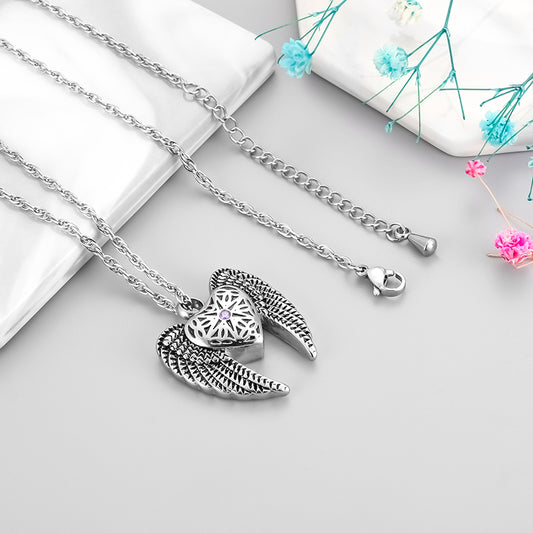 Heart Cremation Necklace with Big Angle Wings