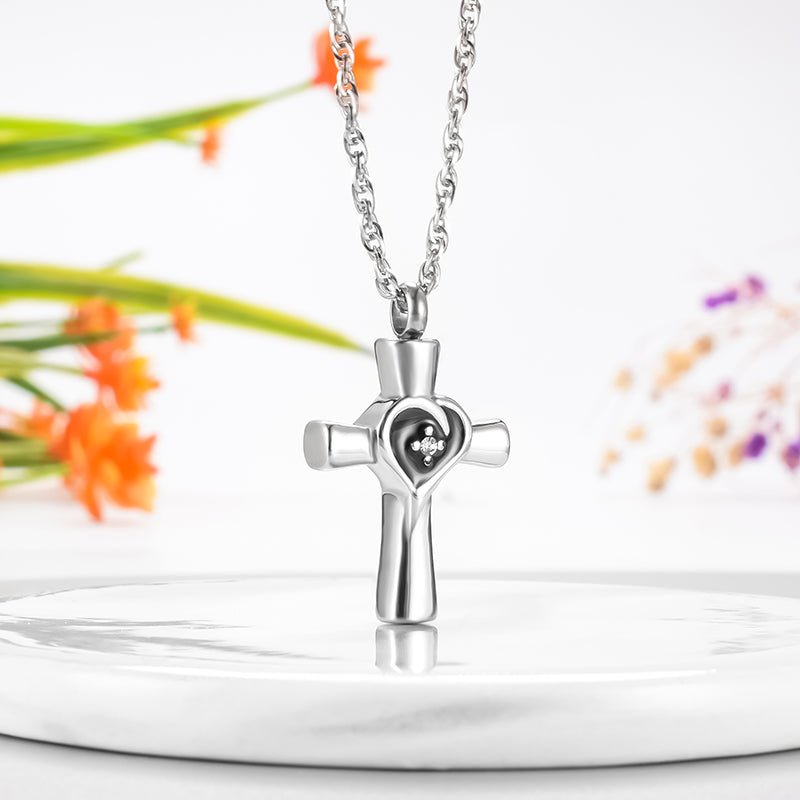 Memorial Cross Cremation Neckalce of Heart