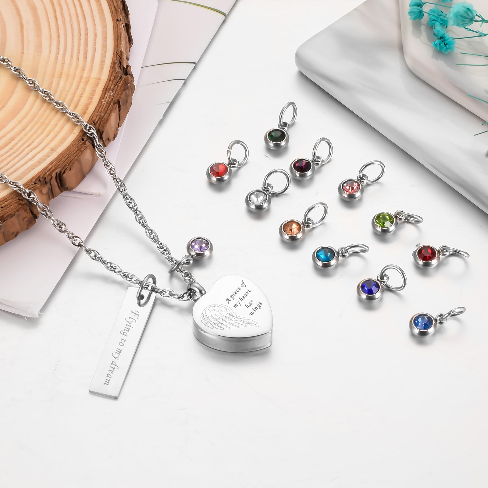 Heart and Bar Cremation Pendant with Birthstone