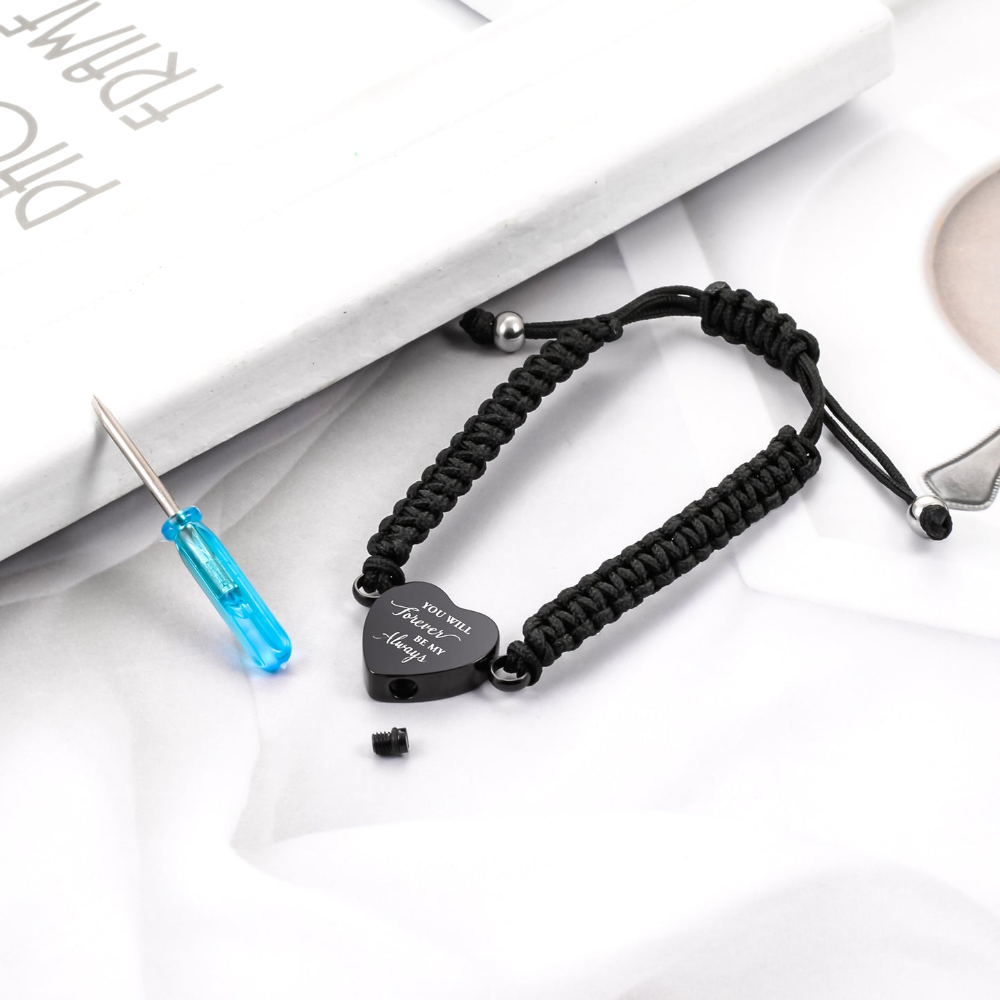 Black Rope Heart Cremation Bracelet