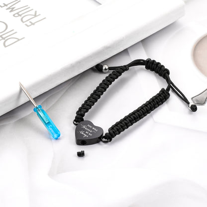 Black Rope Heart Cremation Bracelet