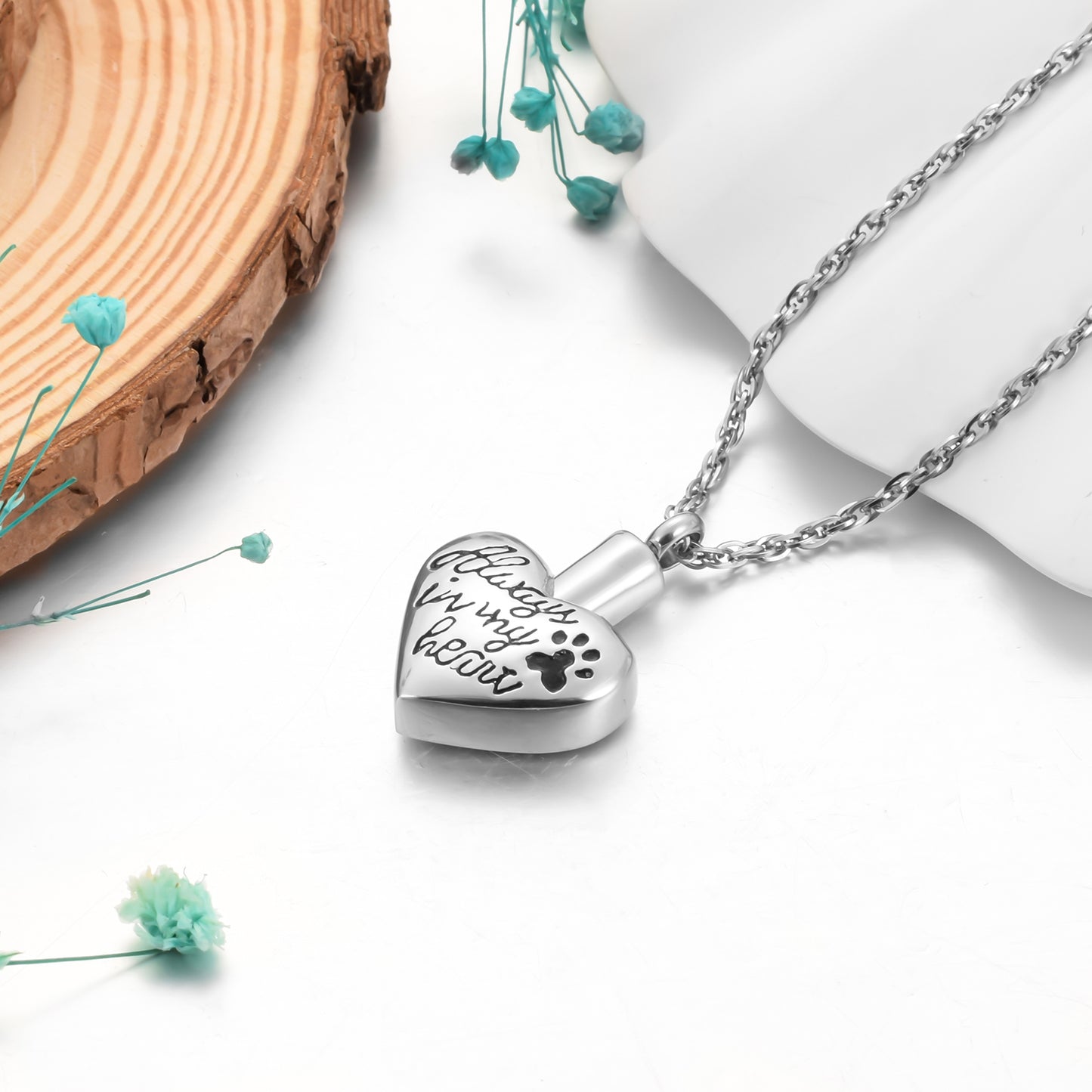 "Always in my heart" Heart Cremation Necklace with Paw