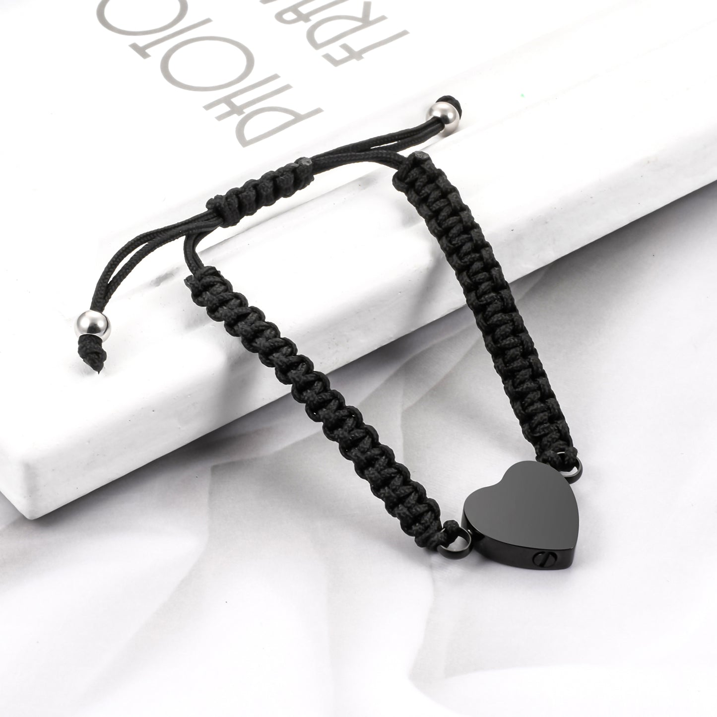 Black Rope Heart Cremation Bracelet