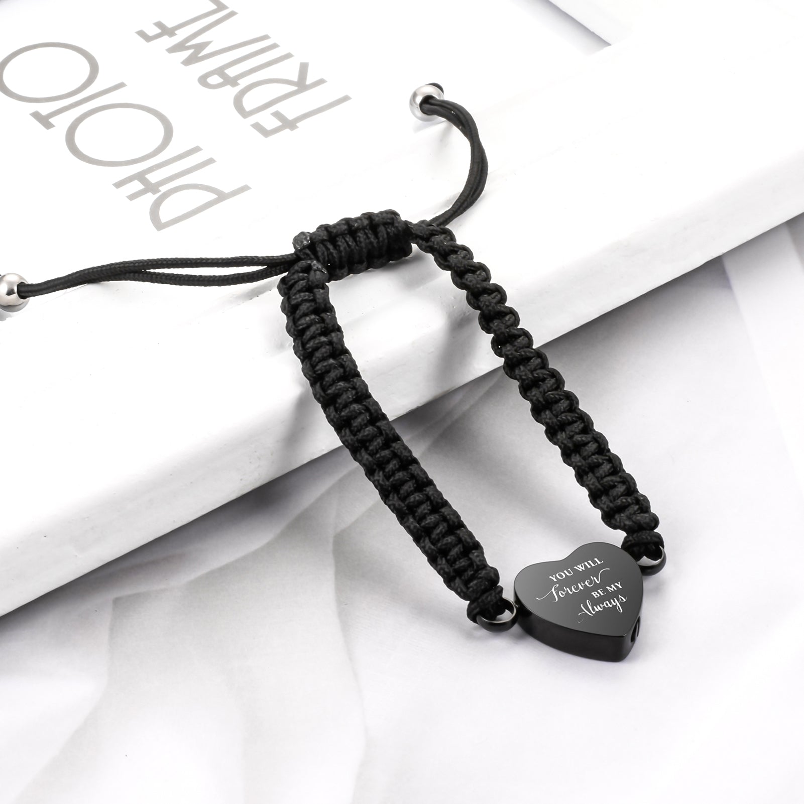 Black Rope Heart Cremation Bracelet