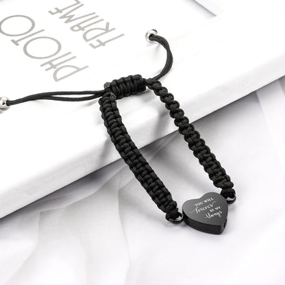 Black Rope Heart Cremation Bracelet